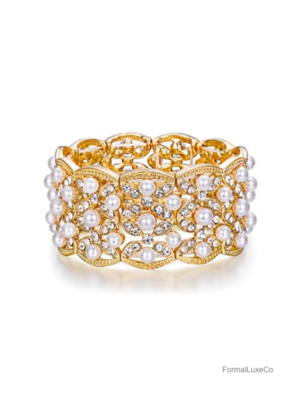 Vintage Style Crystal Simulated Pearl Art Deco Leaf Elastic Stretch Bracelet